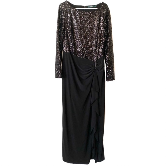 Ralph Lauren | Dresses | Ralph Lauren Black Sequin Long Sleeve Stretchy  Maxi Skirt Dress Women Size 6 | Poshmark